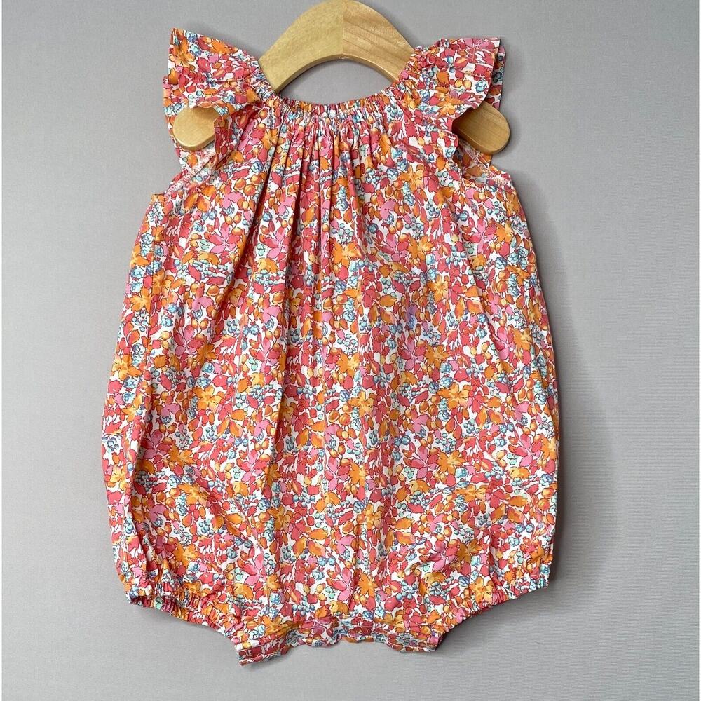 Busy Bees Floral Pink/Orange Amelia Flutter Sleeve Bubble Romper Girls 24 Mo